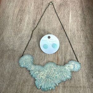 Large Robin Egg Blue Flower Cluster w Antigued Brass Chain & Lg Circle Earrings